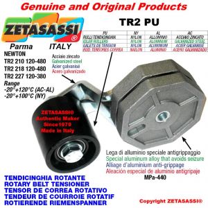 TENSOR DE CORREA ROTATIVO TR2PU con rodillo tensor y rodamientos Ø80xL90 en aluminio palanca 227 Newton 120:380