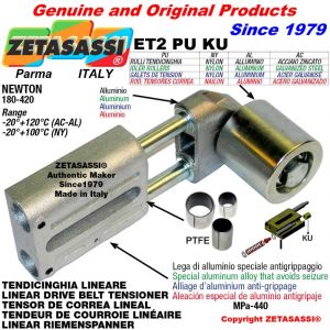 LINEAR DRIVE BELT TENSIONER ET2PUKU  with idler roller Ø80xL80 in aluminum N180-420 with PTFE bushings