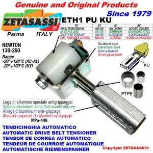 LINEAR DRIVE BELT TENSIONER ETH1PUKU with idler roller Ø40xL50 in zinc-coated steel N130:250 with PTFE bushings